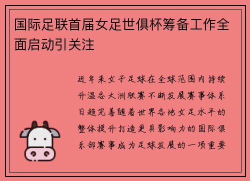 国际足联首届女足世俱杯筹备工作全面启动引关注 国际足联首届女足世俱杯筹备工作全面启动引关注